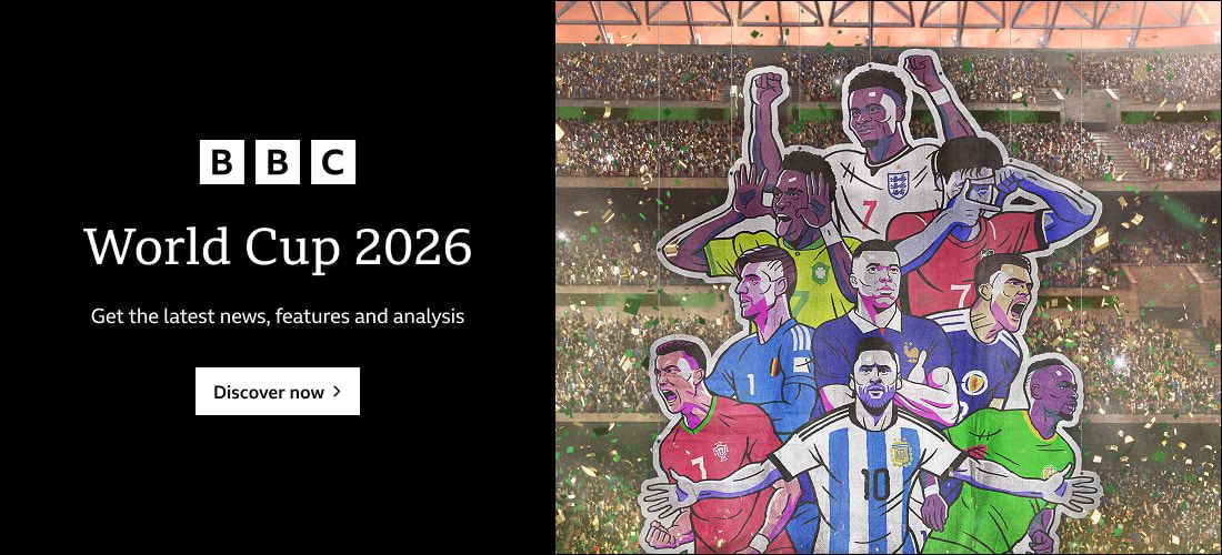 Sketch shows nine different football players in the center of a blurred stadium crowd. Text reads: World Cup 2026: Get the latest news, features and analysis